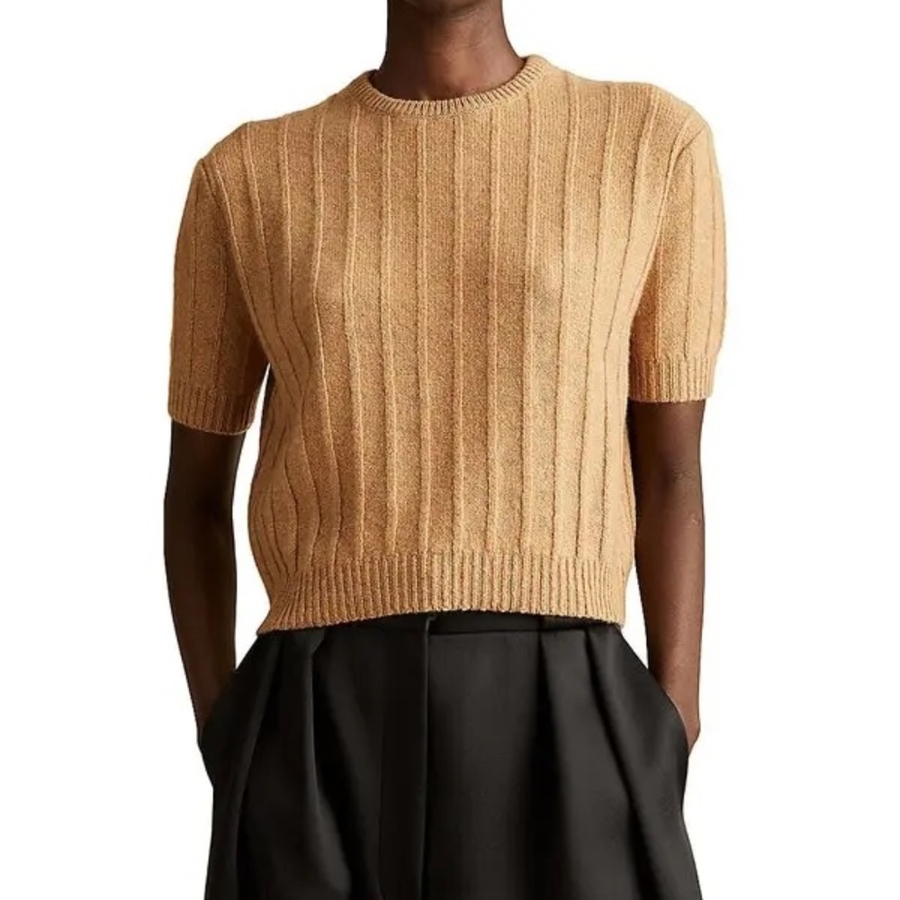 KHAITE Brown Ribbed Cashmere Cropped Sweater